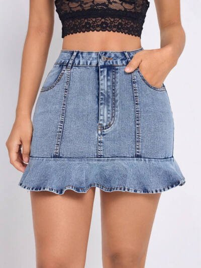 Womens High-waisted Ruffled Midi Skirt