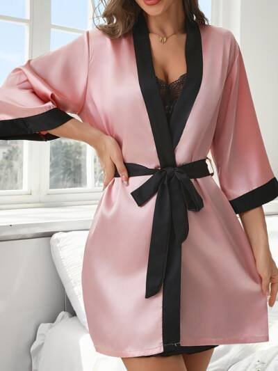 Womens Faux Silk Bathrobe And Pajama Two-Piece Set