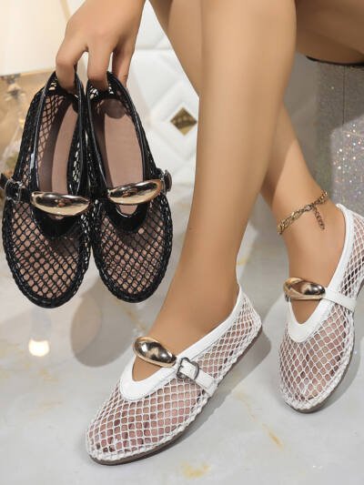 Round-toe Fishnet Hollow-out Ballet Flats Fashionable And Flat