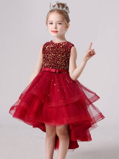 Girls Sequin Puffy Dress With A Short Front And Long Back