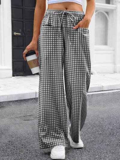 High-waisted Wide-leg Plaid Drawstring Loungeleisure Pants