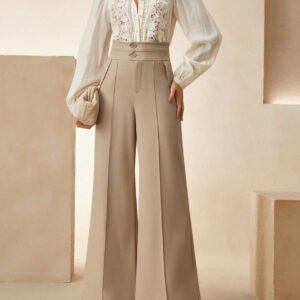 Commuter-style Figure-flattering Khaki Wide-leg Tailored Pants