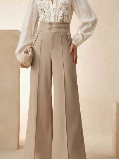 Commuter-style Figure-flattering Khaki Wide-leg Tailored Pants