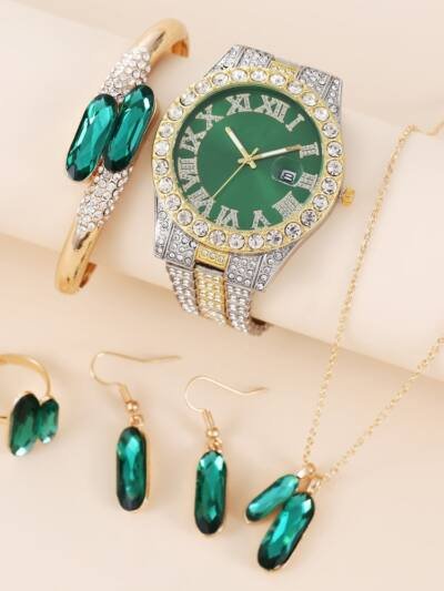Green Steel Belt Quartz Watch Ring Necklace Earrings Suit