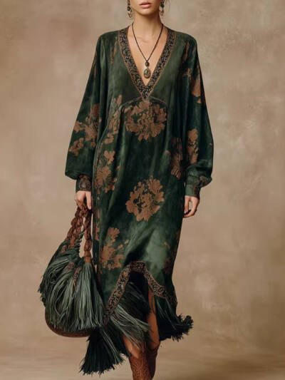 Retro Silhouette-printed Green Faux-suede Fringed Maxi Dress