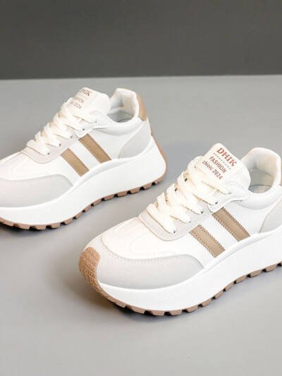 Womens Thick Soled Leather Patchwork Height Increasing Sneakers