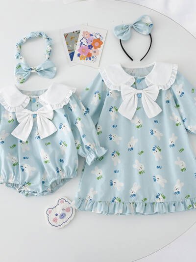 Blue With Long Sleeves Onesie Girls Dress