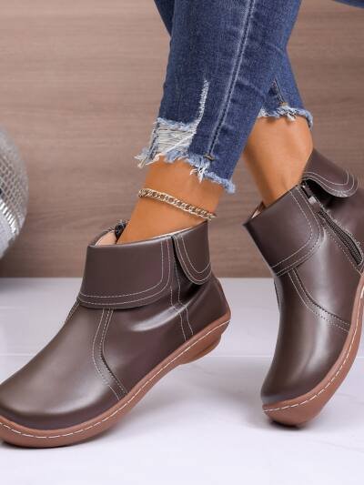 Round-Toe Side-Zip Short-Boot Martin Boots With Stitched Edges