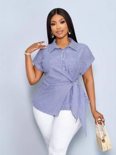 New Striped Loose-fitting Trendy Asymmetrical Lace-up Shirt