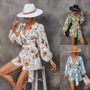 Floral Long-sleeve Shorts V-neck Jumpsuit