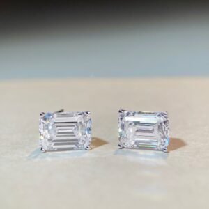 Sterling Silver Stud Earrings For Women Emerald-cut Square Shape Rock Candy Style