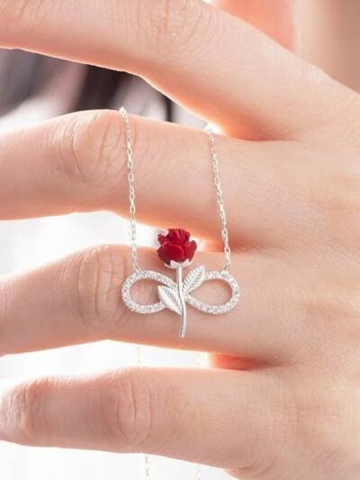 925 Sterling Silver Red Rose Infinity Necklace With White Stone