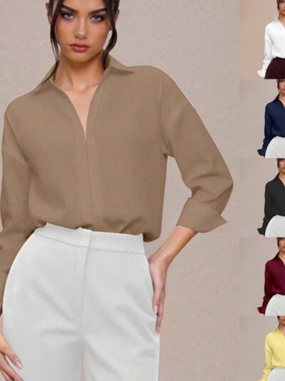 Womens Slim-fit Mandarin-collar Three-quarter-sleeve Shirt