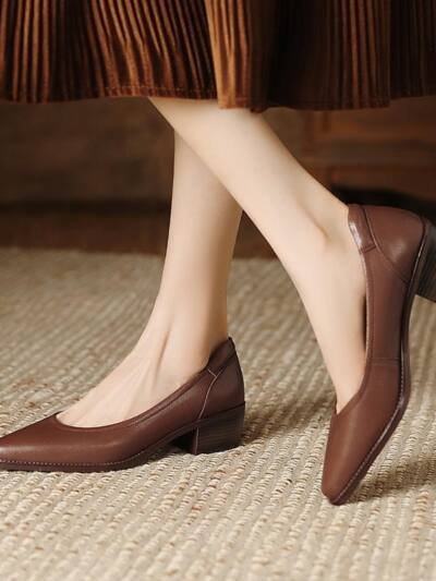 Womens French-style Pointed-toe Low-cut Mid-heel Leather Shoes