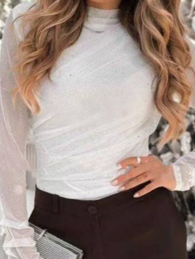 Womens Casual Slim-Fit Top With Mesh Sleeves And A Crew Neck