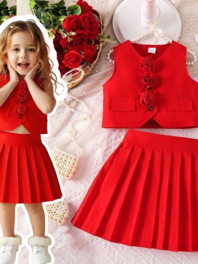 Suit Vest Paired With A Solid Color Pleated Skirt Set