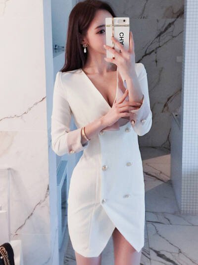 autumn new professional self-cultivation double-breasted V-neck color matching ruffled bag hip dress