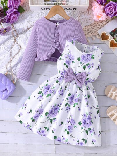 Girls' Colorful Suspender Skirt Solid Color Coat Set