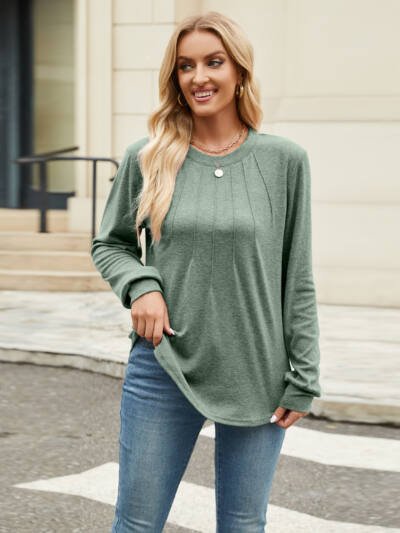 Solid-color Crew-neck Loose-fitting Long-sleeve T-shirt For Women