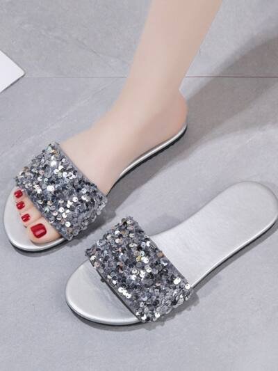 Women's Sequined Flat Slippers Plus Size Outer Wear Beach Sandals