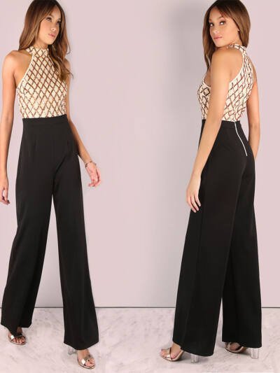 European and American women's sexy jumpsuit hanging neck sequins stitching trumpet jumpsuit trousers