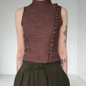 Red Black Gingham Turtleneck Sleeveless Side Ruffle Crop Top
