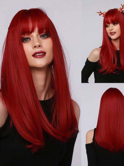Red Brown Black Multicolor Qi Bangs Medium Length Straight Hair