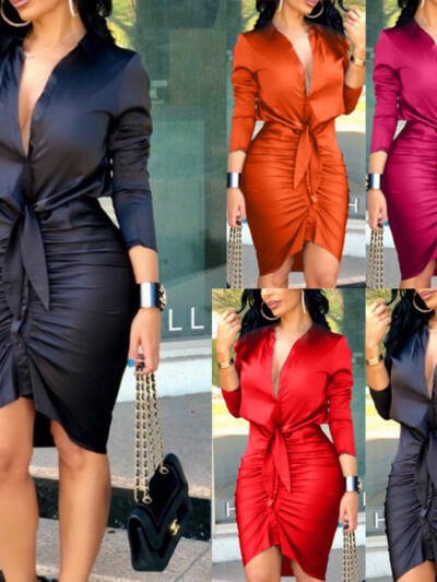 Women Lace-up Solid Color Long Sleeve Midi Dress Shirt Dress Elegant Fashion Party Dress