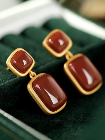 S925 Sterling Silver Gold-Plated Southern Red Agate Earrings