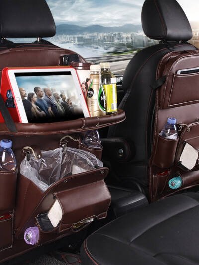 PU Leather Car Storage Bag Multifunction Seat Back Tray Hanging Bag Waterproof Car Organizer Automotive Interior Accessories