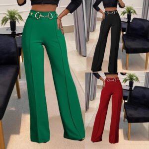Solid-color High-waisted Womens Casual Straight-leg Pants
