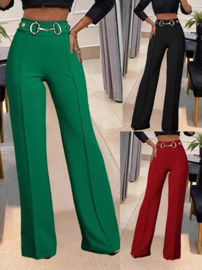 Solid-color High-waisted Womens Casual Straight-leg Pants
