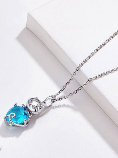 Cute Cat Blue and Platinum Plated Sterling Silver Necklace