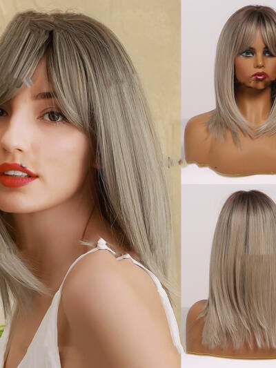 Wig, Eight-character Bangs, Gradient Golden High-grade Gray Medium Straight Hair