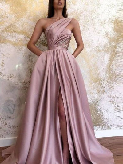 Sexy Slit Slanted Shoulder Dress Long Skirt Evening Dress