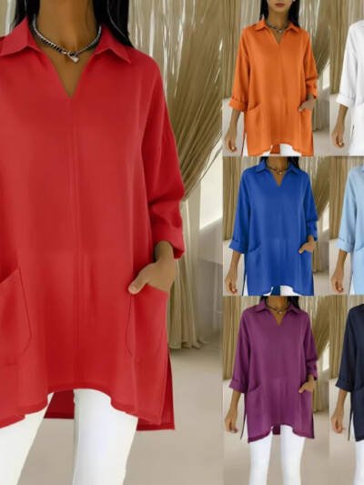 Womens Fashion Solid-color Pocket Shirt With A Loose-fitting Collar