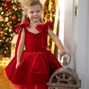 Girls' Christmas Bow Suspenders Bud Skirt Dress