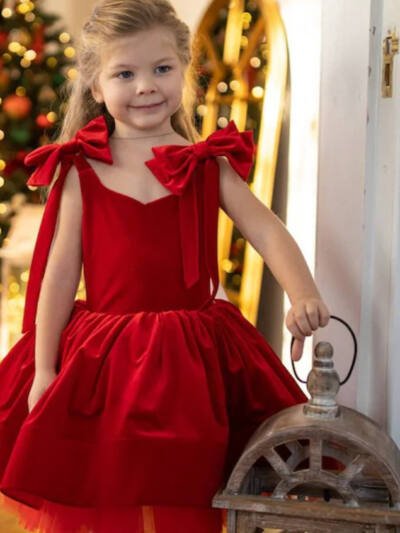Girls' Christmas Bow Suspenders Bud Skirt Dress