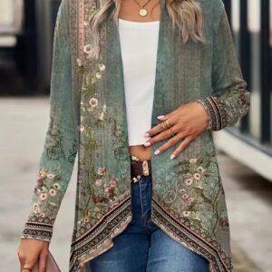 Spring And Autumn New Women's Top Printed Cardigan Casual Long Sleeve Light Jacket Green