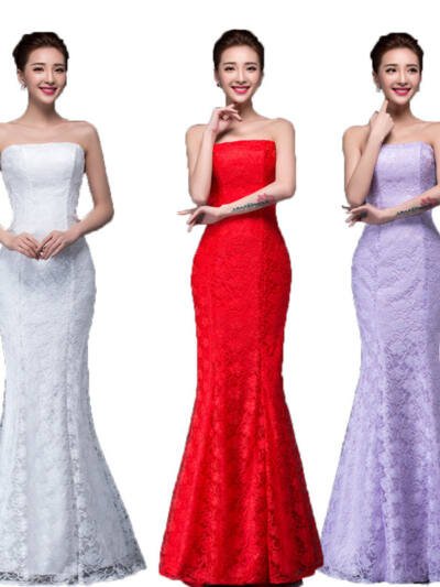 Long dress fuchsia and white lace trailing sexy bride wedding dress