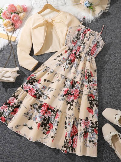 Girls' Floral Strap Dress Long-sleeved Jacket