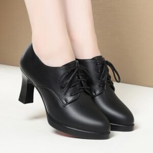 Solid-color Casual Comfortable High-heeled Shoes With A Non-slip Sole And Lace-up Design