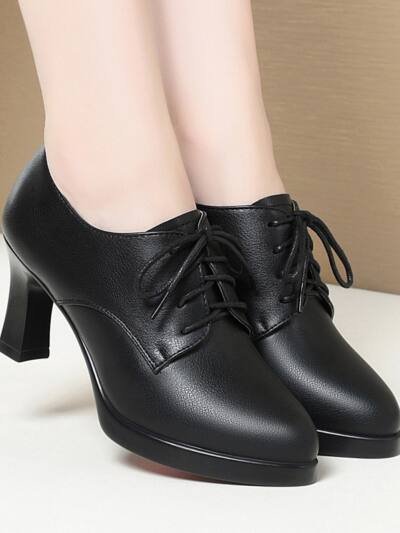 Solid-color Casual Comfortable High-heeled Shoes With A Non-slip Sole And Lace-up Design