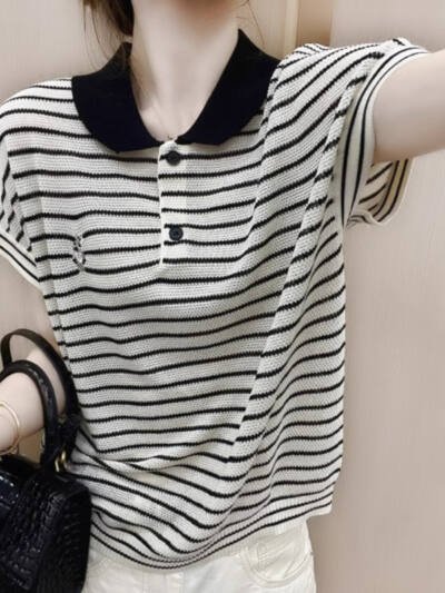 Ice Silk Short Sleeve Striped Embroidery Contrast Color Button Polo