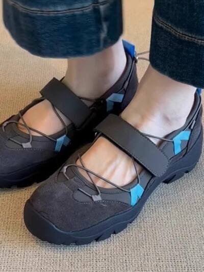 Womens Vintage Leather Thick-Soled Low-Top Velcro Mary Jane Shoes