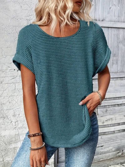 Womens Simple Versatile Lace-Patchwork Crew-Neck Short-Sleeve Top