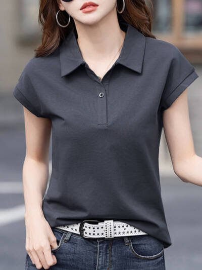 Polo-collar Figure-flattering Short-sleeve Top