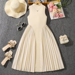 Girls' Stand Collar Elegant Pleated Stitching Sleeveless Formal Dress