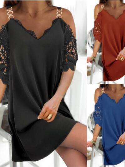 Lace Three-quarter-sleeve Straight-line Elegant Waist-cinched V-neck Dress