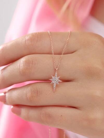 925 Sterling Silver Star Necklace With Zircon Stones Rose Gold Plated